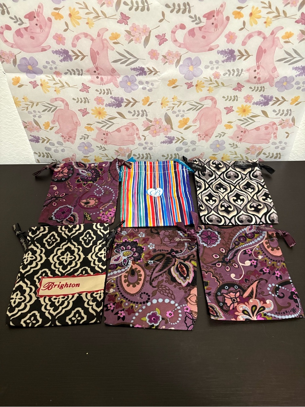 Lot of 6 Brighton drawstring fabric jewelry dust bag. Preowned.